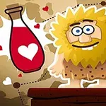Rajzolt, mosolygós ősember szív alakú bájital mellett áll, barna háttérrel és szívekkel