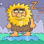 Egy rajzfilmszerű szakállas figura csukott szemmel áll egy kék sziklacsúcson, miközben Z betűk lebegnek a feje körül, mintha aludna