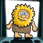 Rajzfilmstílusú, szőke, kócos hajú, szakállas figura, pöttyös ruhában, háttérben világos fény