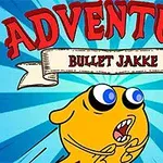 Egy sárga, kerek figurát ábrázoló rajzfilmstílusú karakter nagy szemekkel és tátott szájjal, kék háttér előtt, a tetején ADVENTURE felirattal