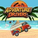 Egy színes furgon száguld a homokos tengerparton pálmafák között, háttérben az Adventure Drivers felirat