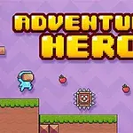 Kék ruhás figura ugrik tüskék és eprek között lila hátterű pixelgrafikás világban, nagy sárga ADVENTURE HERO felirat alatt