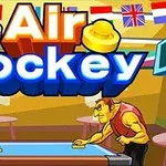 Két rajzolt karakter játszik légihokit egy asztalon, háttérben zászlókkal