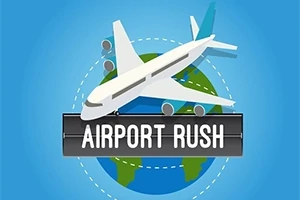 Egy repülőgép száll el a Föld ábrája fölött, miközben alatta a Airport Rush felirat olvasható kék háttérrel