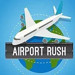 Egy repülőgép száll el a Föld ábrája fölött, miközben alatta a Airport Rush felirat olvasható kék háttérrel
