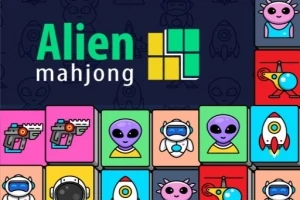 Színes csempék különböző sci-fi témájú ikonokkal, például űrlényekkel, robotokkal, rakétákkal és lézerfegyverekkel