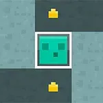 Zöld négyzet pixel grafika kék háttérrel és sárga elemekkel körülvéve