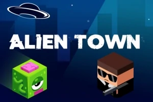 Egy kocka alakú zöld idegen figura és egy napszemüveges emberi karakter fegyverrel, Alien Town felirattal és egy UFO rajzzal a háttérben