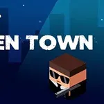 Egy kocka alakú zöld idegen figura és egy napszemüveges emberi karakter fegyverrel, Alien Town felirattal és egy UFO rajzzal a háttérben