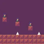 Egy platformer játék képernyőképe, amelyen három karakter van barna téglalapokon, alul tüskés akadályokkal, jobbra pedig egy szürke szörny áll