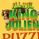 Két animált állat, egy maki és egy másik figura, színes felirat előtt ugrálnak sárga háttéren