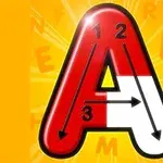 Nagy A betű piros és fehér színekkel, nyilakkal és számokkal jelölve, sárga háttérrel