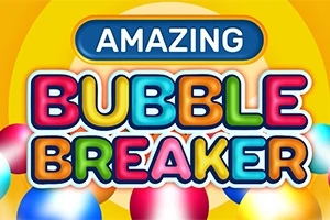 Színes buborékokkal körülvett Amazing Bubble Breaker felirat sárga háttéren