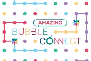 Színes pöttyök és vonalak mintája a háttérben, Amazing Bubble Connect felirattal különböző színekben