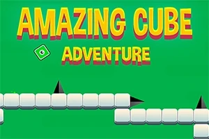 A sárga és piros színű Amazing Cube Adventure felirat zöld háttéren, fehér négyzetekből álló platformokkal és fekete tüskékkel