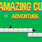 A sárga és piros színű Amazing Cube Adventure felirat zöld háttéren, fehér négyzetekből álló platformokkal és fekete tüskékkel