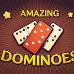Két fekete-fehér és egy piros dominó központi elhelyezkedésben, csillagokkal körülvéve, a AMAZING DOMINOES felirattal