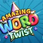 Színes csillag alakú logó közepén nagy betűkkel az AMAZING WORD TWIST felirat, körülötte színes betűblokkok