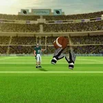 Futballstadionban egy zöld mezőn egy amerikaifutball-játékos áll, miközben egy lebegő labda kesztyűs kéz formájú lábakkal szemben van