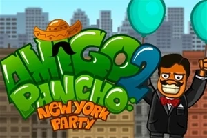 Rajzolt karakter bajusszal és szmokingban két léggömböt tart, háttérben felhőkarcolók és Amigo Pancho 2 New York Party felirat
