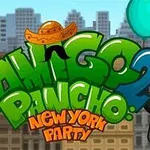 Rajzolt karakter bajusszal és szmokingban két léggömböt tart, háttérben felhőkarcolók és Amigo Pancho 2 New York Party felirat