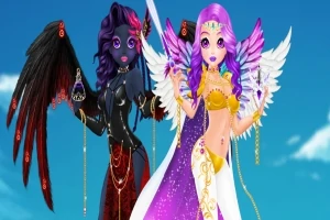 Két fantasy stílusú karakter, egy sötét bőrű, fekete szárnyakkal és piros díszekkel, mellettük egy világosabb bőrű, lila hajú karakter arany ruhában, fehér és lila szárnyakkal