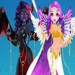 Két fantasy stílusú karakter, egy sötét bőrű, fekete szárnyakkal és piros díszekkel, mellettük egy világosabb bőrű, lila hajú karakter arany ruhában, fehér és lila szárnyakkal