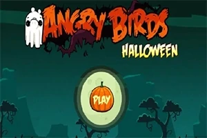 Sötét háttér előtt „Angry Birds Halloween” felirat, középen egy narancssárga tök „Play” gombbal, kísérteties háttérrel