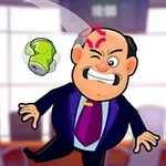 Rajzolt, mérges ember, akit fejbe talál egy repülő zöld doboz egy irodai környezetben