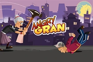 Egy idős hölgy kalapáccsal üldöz egy földön fekvő férfit egy város háttérképe előtt, a Angry Gran felirattal középen