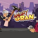 Egy idős hölgy kalapáccsal üldöz egy földön fekvő férfit egy város háttérképe előtt, a Angry Gran felirattal középen