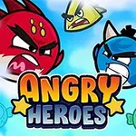 Rajzfilmszerű, dühös arcú vörös és kék madár alakok, középen az Angry Heroes felirattal, zöld hal formájú objektumokkal és felhős háttérrel