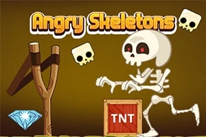 Egy csontváz, koponyák, csúzli, gyémánt és egy „TNT” feliratú doboz barna háttérrel