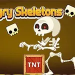 Egy csontváz, koponyák, csúzli, gyémánt és egy „TNT” feliratú doboz barna háttérrel