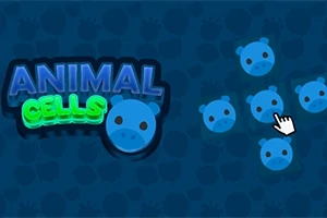 Kék háttér előtt világító ANIMAL CELLS felirat és egér kurzorral kijelölt kék sejtek animált arccal