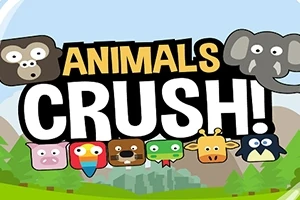 Állatfigurák, mint például elefánt, majom, malac és zsiráf, színes háttérrel és a Animals Crush!