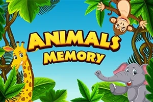 Zsiráf, majom és elefánt rajzfilmfigurák trópusi növények között, kék háttérrel és Animals Memory felirattal