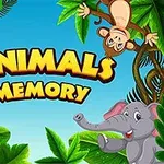 Zsiráf, majom és elefánt rajzfilmfigurák trópusi növények között, kék háttérrel és Animals Memory felirattal