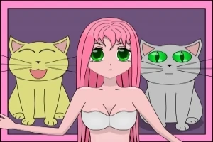 Egy rózsaszín hajú, zöld szemű anime stílusú lány áll két eltérő arckifejezésű macska között, akik sárga és szürke színűek