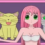 Egy rózsaszín hajú, zöld szemű anime stílusú lány áll két eltérő arckifejezésű macska között, akik sárga és szürke színűek