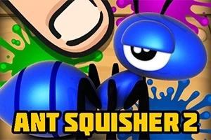 Kék hangya és közelítő ujj színes festékfröccsenéssel a háttérben, ANT SQUISHER 2 felirattal