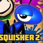 Kék hangya és közelítő ujj színes festékfröccsenéssel a háttérben, ANT SQUISHER 2 felirattal