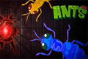 Egy piros fénnyel teli repedés hátterében két rajzfilmszerű, színes hangya látható, egy sárga és egy kék, mellette a ANTS felirat