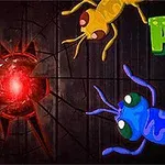 Egy piros fénnyel teli repedés hátterében két rajzfilmszerű, színes hangya látható, egy sárga és egy kék, mellette a ANTS felirat