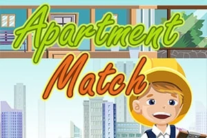 Egy fiatal fiú építőkészletben a városi háttér előtt mosolyog, miközben nagy, színes Apartment Match felirat látható a képen