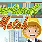 Egy fiatal fiú építőkészletben a városi háttér előtt mosolyog, miközben nagy, színes Apartment Match felirat látható a képen