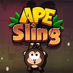 Rajzolt majom lóg a ​“APE Sling” felirat alatt színes háttér előtt