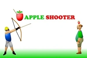 Két rajzolt figura, az egyik íjat tart, a másik fején alma van, háttérben a Apple Shooter szöveg