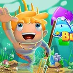 Egy szőke hajú, mosolygó hablegény tridenttel úszik az óceánban, különböző színes tárgyak és a Aqua Blocks felirat veszi körül