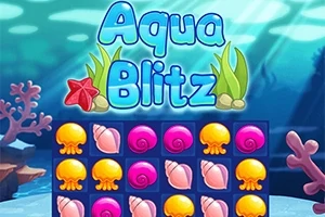 Tenger alatti jelenet színes kagylókkal és medúzákkal egy táblán, a háttérben korallokkal és Aqua Blitz felirattal